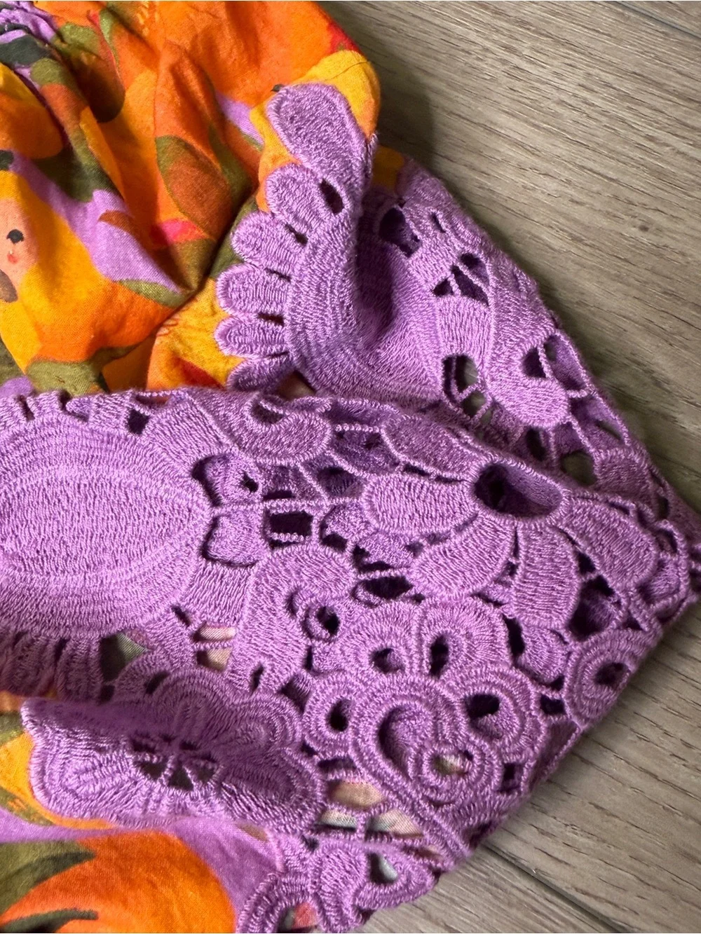 Mango Macaws Smocked Puff-Sleeve Blouse  purple lace square neck floral brocade